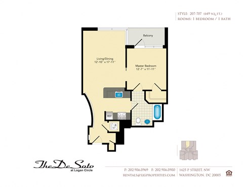 Floor plan for 1 bed, 1 bath, 649 sqft